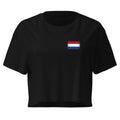 Netherlands flag crop top in Black, vintage-washed print, small flag on the left chest, women cut, front view