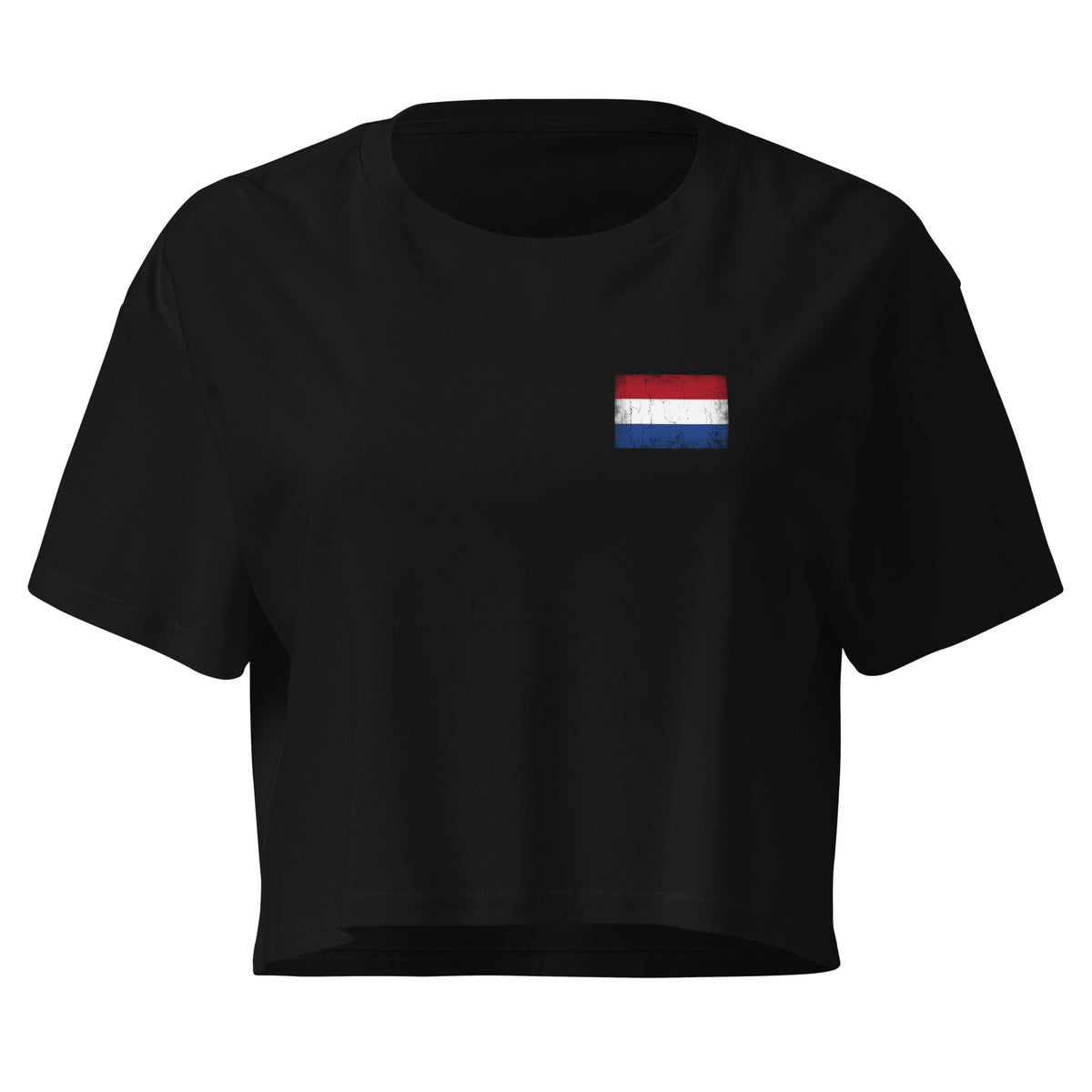 Netherlands flag crop top in Black, vintage-washed print, small flag on the left chest, women cut, front view