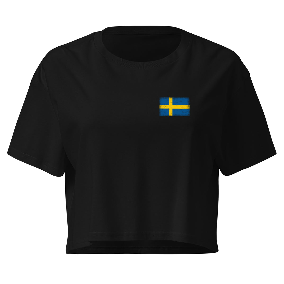 Sweden flag crop top in Black, vintage-washed print, small flag on the left chest, women cut, front view