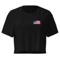 USA flag crop top in Black, vintage-washed print, small flag on the left chest, women cut, front view