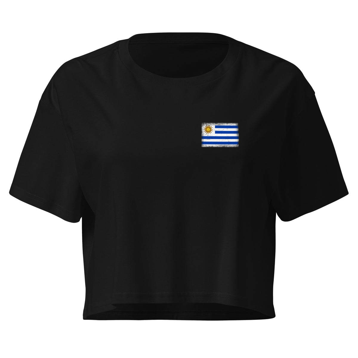 Uruguay flag crop top in Black, vintage-washed print, small flag on the left chest, women cut, front view
