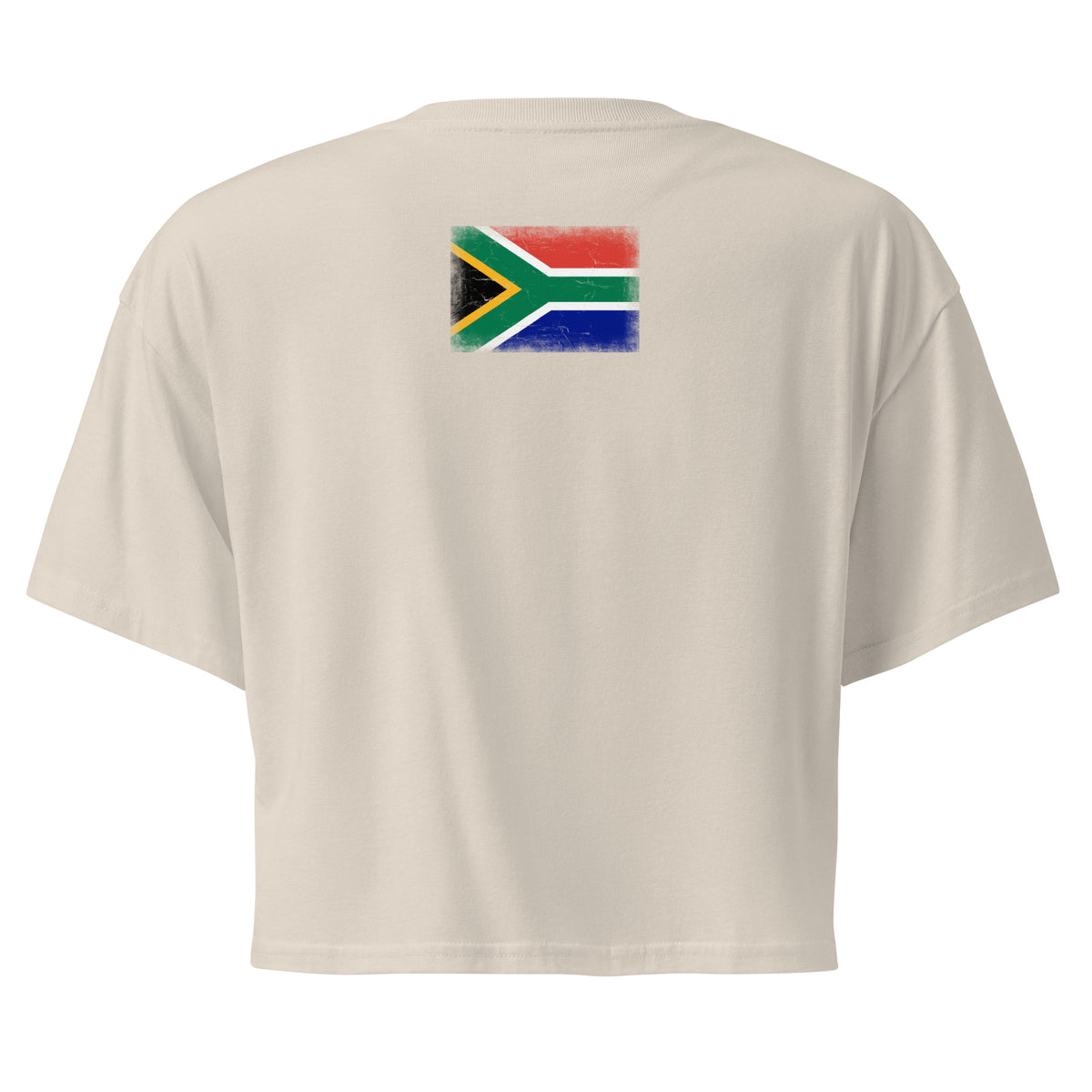 South Africa flag crop top in Bone, vintage-washed print, flag across the upper back, women cut, back view