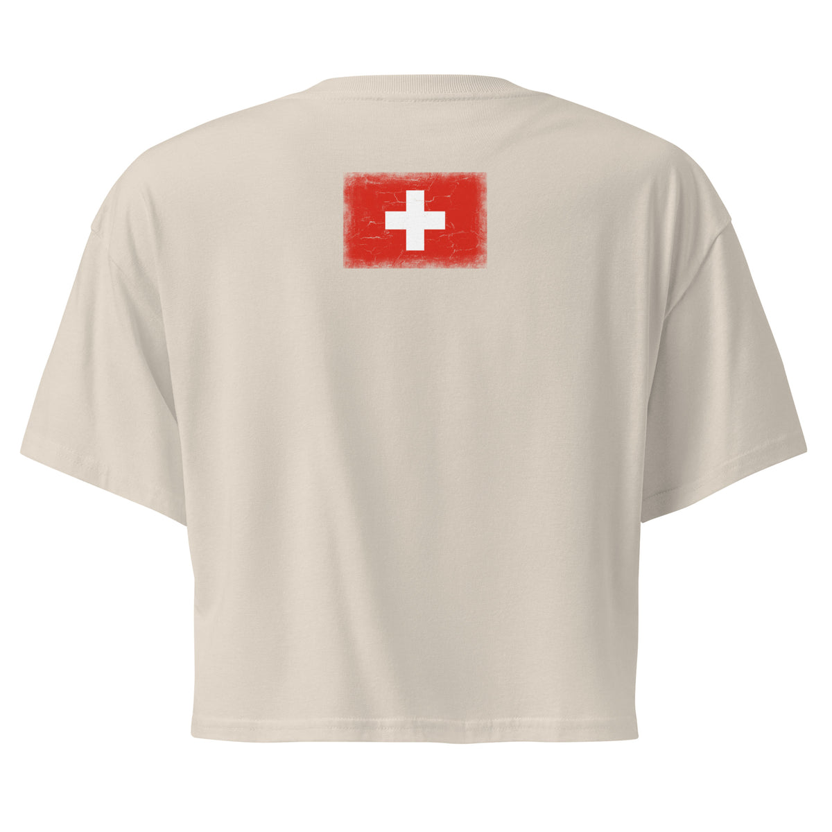 Switzerland flag crop top in Bone, vintage-washed print, flag across the upper back, women cut, back view