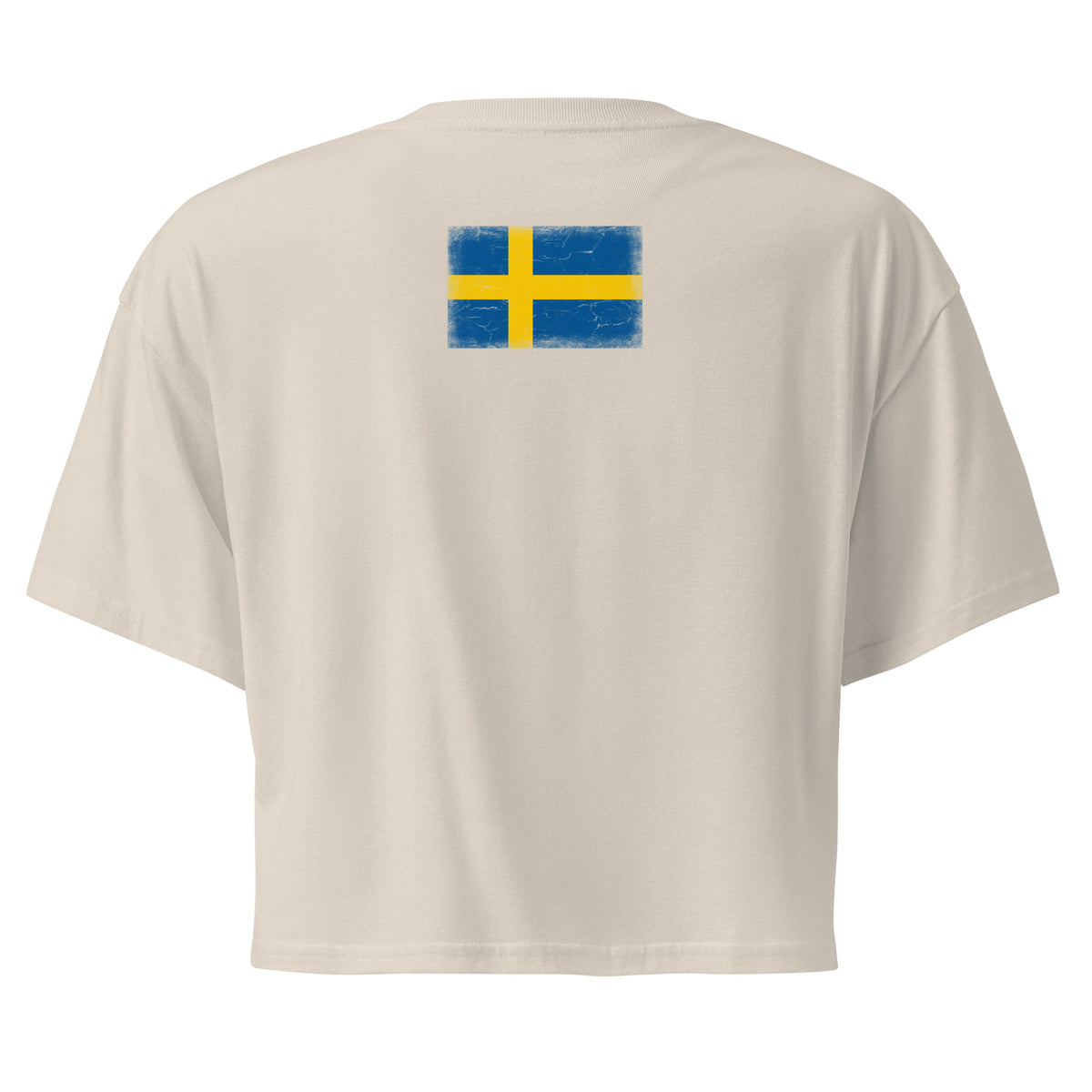 Sweden flag crop top in Bone, vintage-washed print, flag across the upper back, women cut, back view