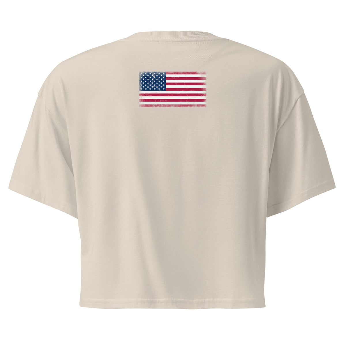USA flag crop top in Bone, vintage-washed print, flag across the upper back, women cut, back view