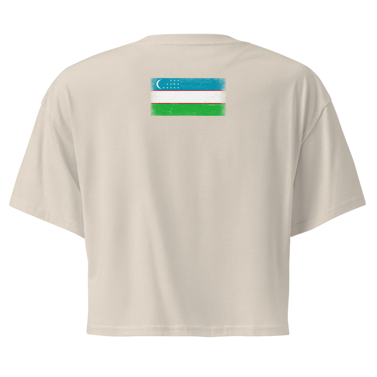 Uzbekistan flag crop top in Bone, vintage-washed print, flag across the upper back, women cut, back view