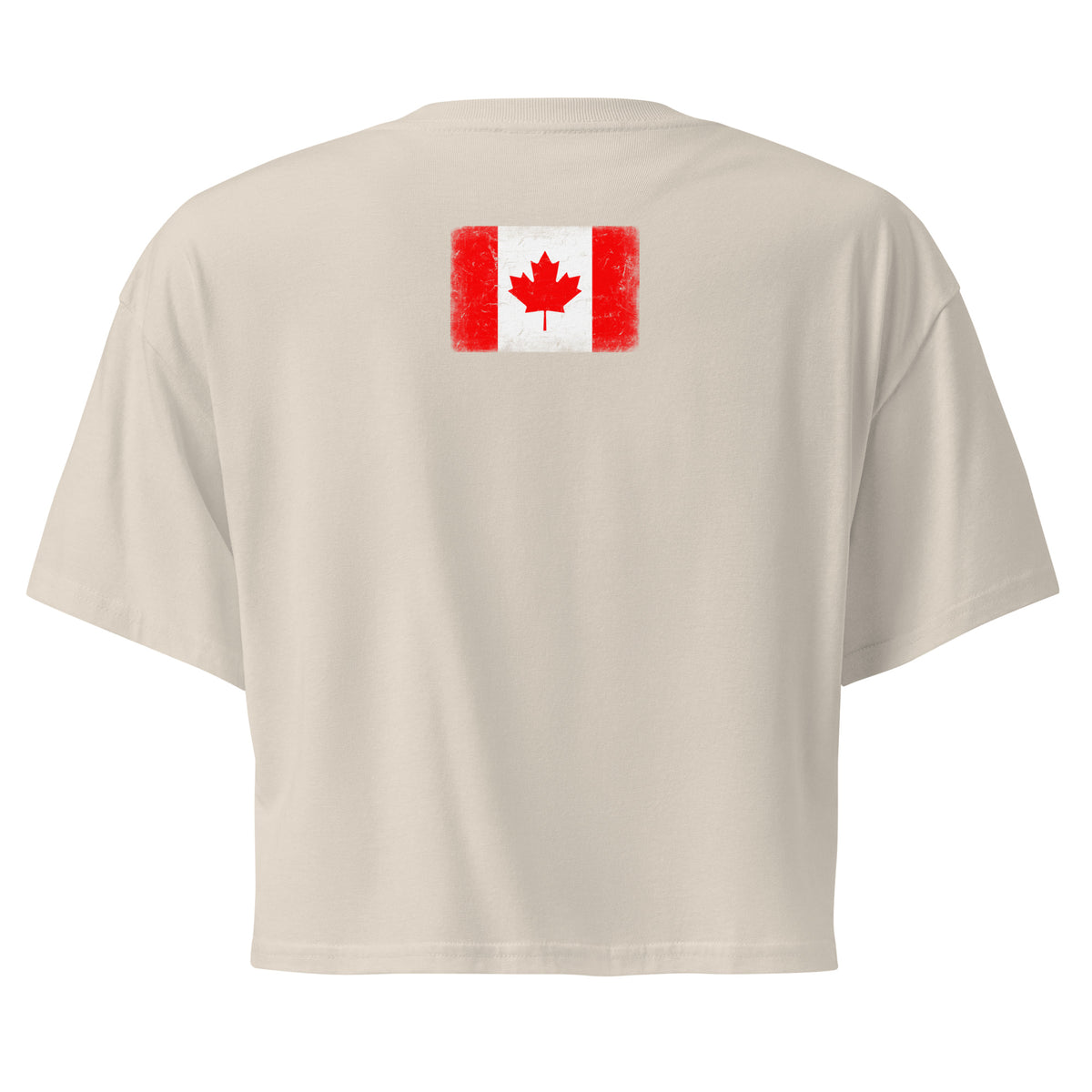 Canada flag crop top in Bone, vintage-washed print, flag across the upper back, women cut, back view