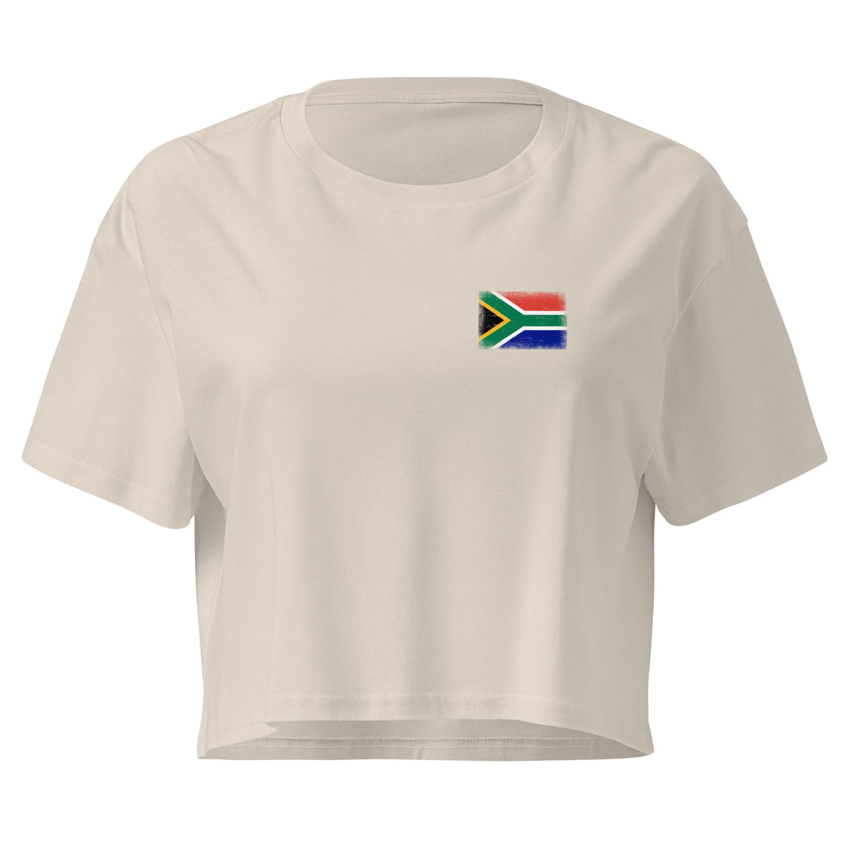 South Africa flag crop top in Bone, vintage-washed print, small flag on the left chest, women cut, front view