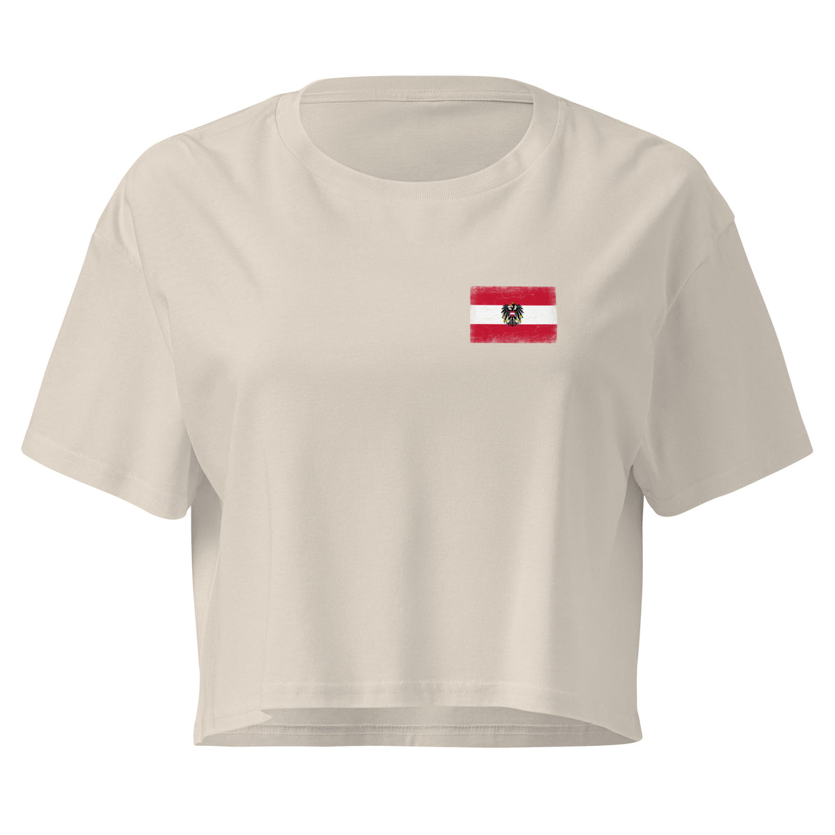 Austria flag crop top in Bone, vintage-washed print, small flag on the left chest, women cut, front view