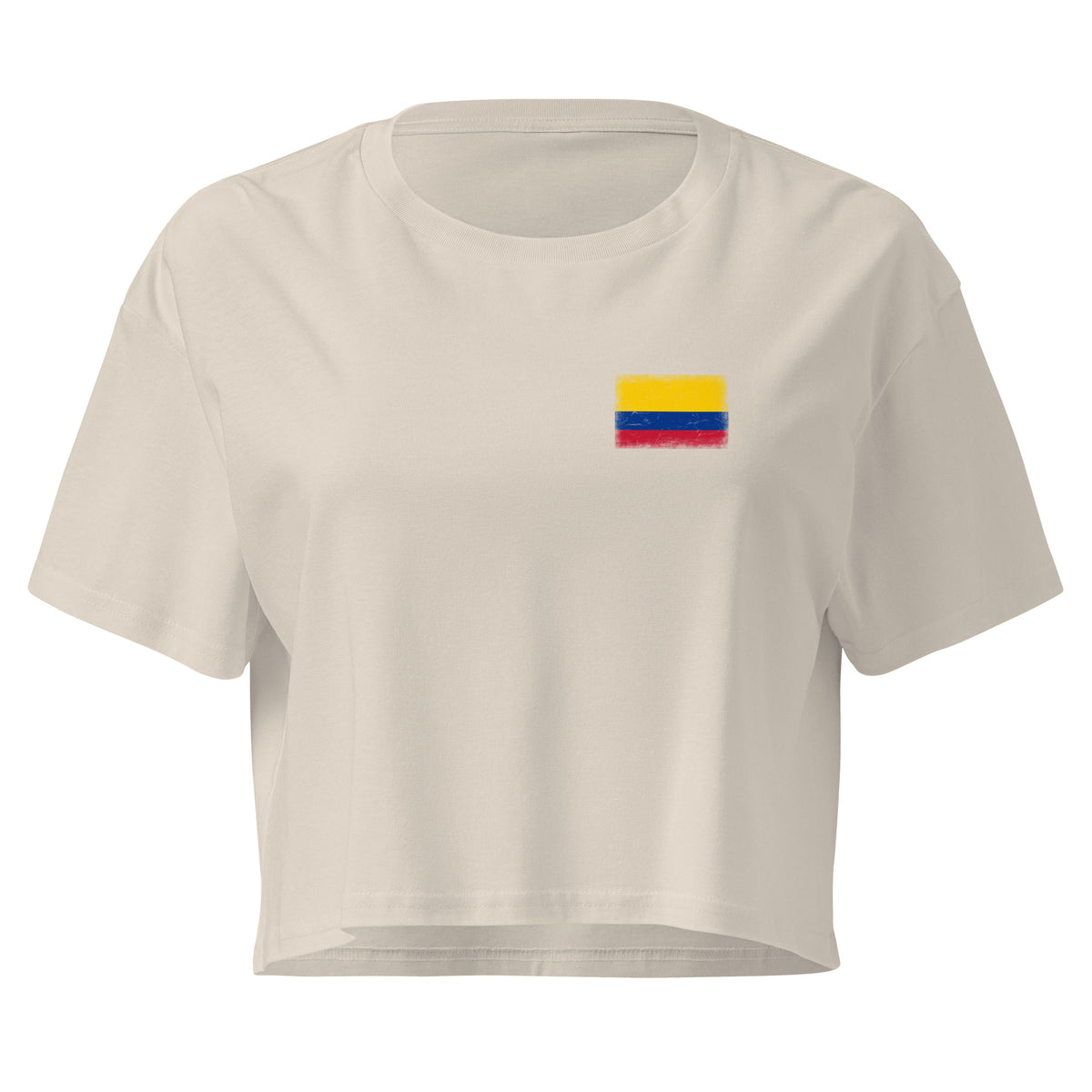 Colombia flag crop top in Bone, vintage-washed print, small flag on the left chest, women cut, front view