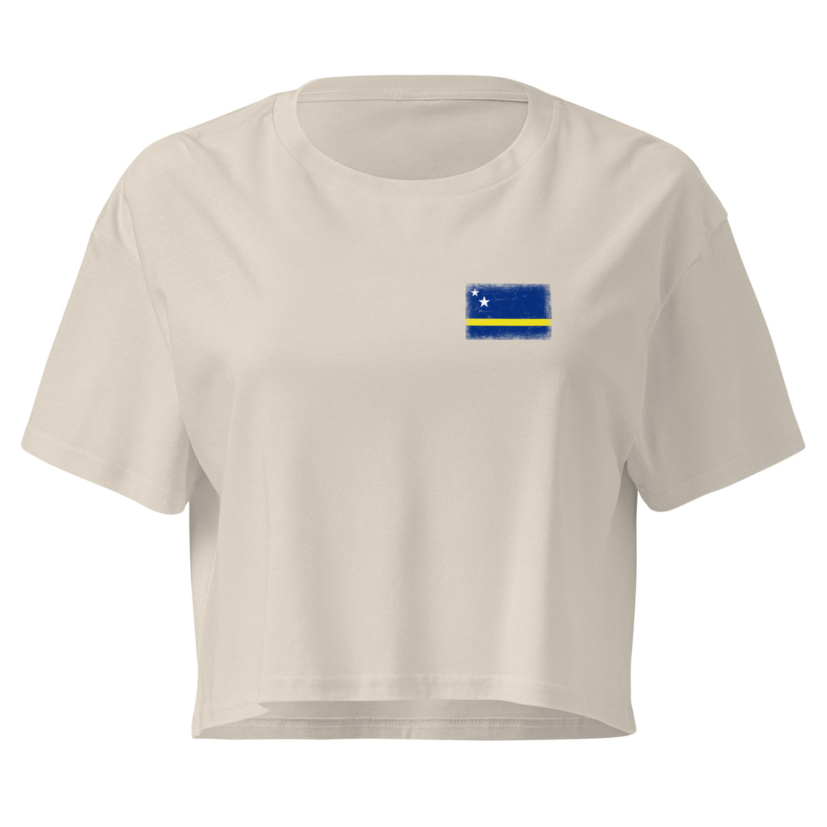 Curaçao flag crop top in Bone, vintage-washed print, small flag on the left chest, women cut, front view