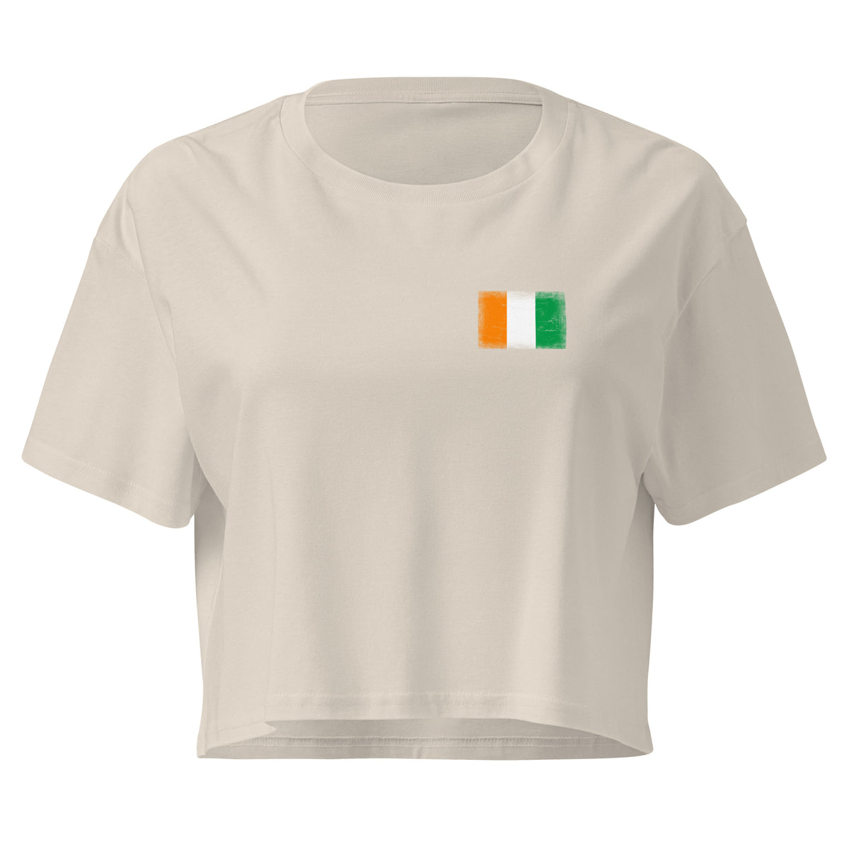 Côte d'Ivoire flag crop top in Bone, vintage-washed print, small flag on the left chest, women cut, front view