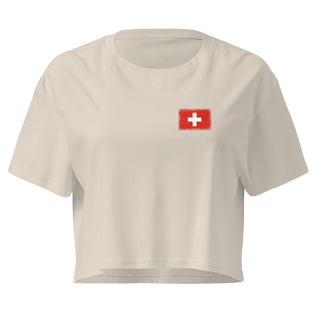 Switzerland flag crop top in Bone, vintage-washed print, small flag on the left chest, women cut, front view