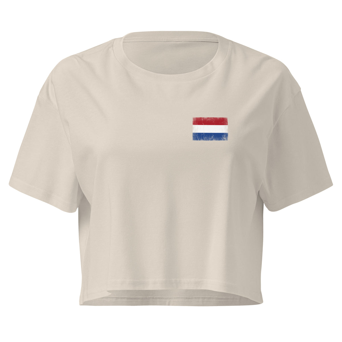 Netherlands flag crop top in Bone, vintage-washed print, small flag on the left chest, women cut, front view