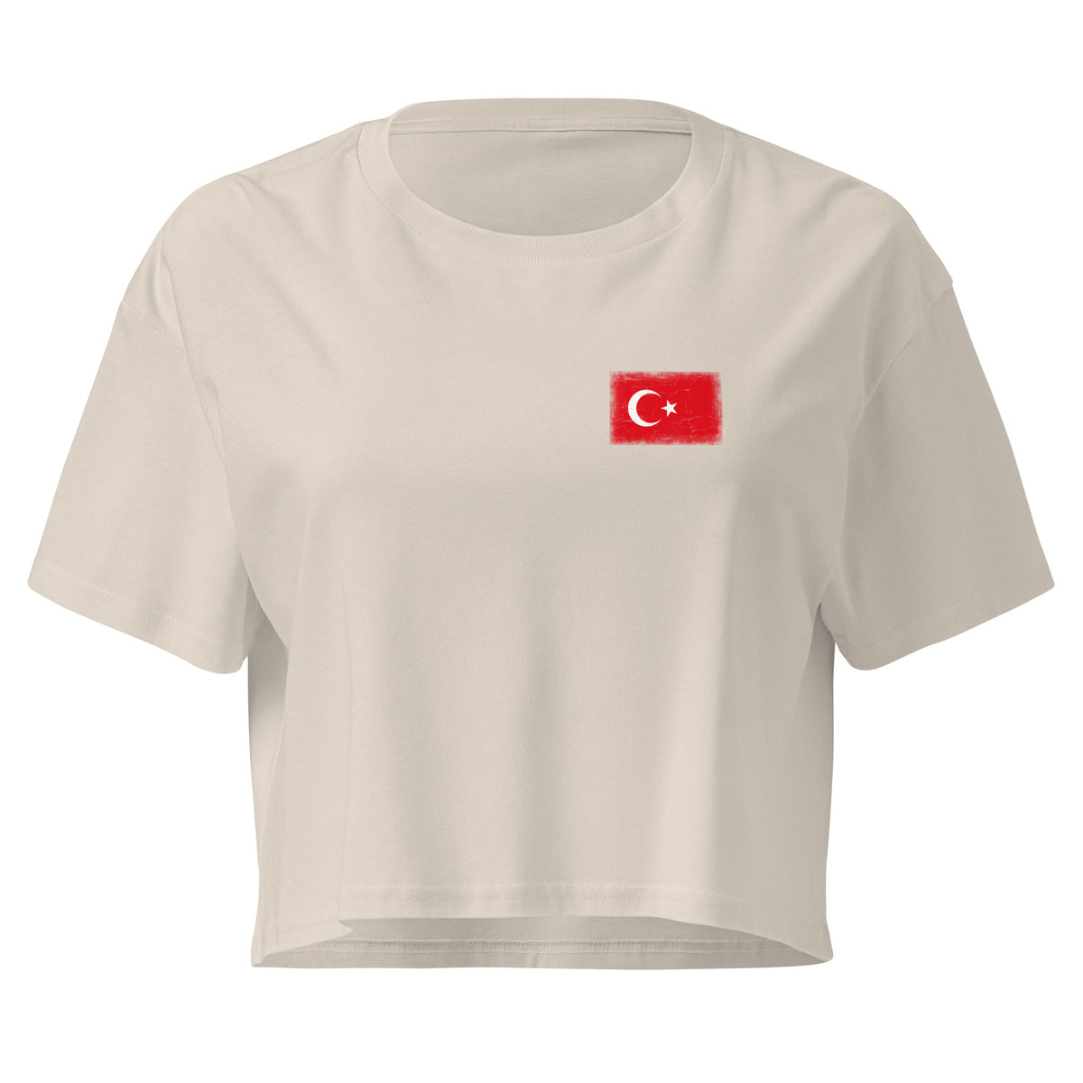 Turkey flag crop top in Bone, vintage-washed print, small flag on the left chest, women cut, front view