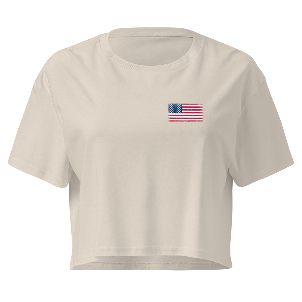 USA flag crop top in Bone, vintage-washed print, small flag on the left chest, women cut, front view