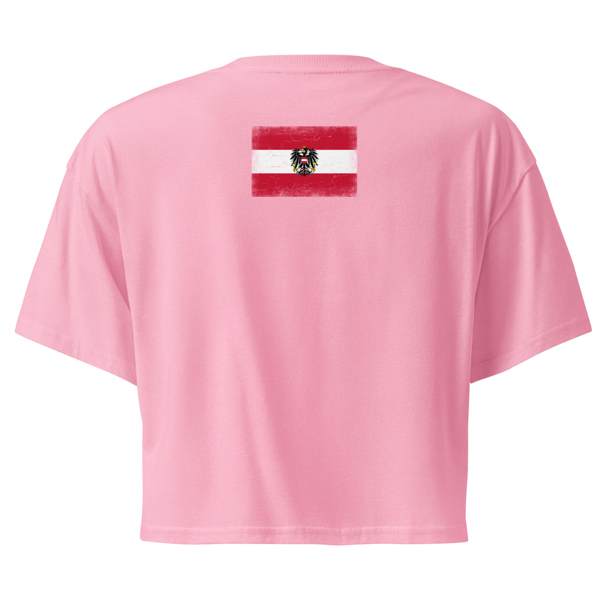 Austria flag crop top in Bubblegum, vintage-washed print, flag across the upper back, women cut, back view