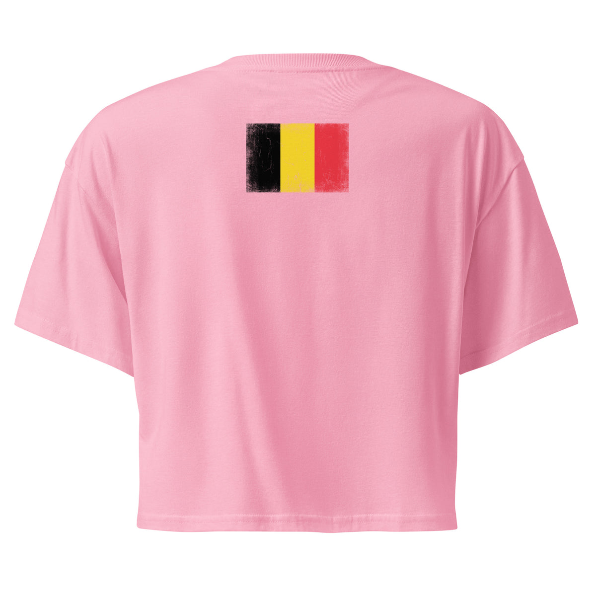 Belgium flag crop top in Bubblegum, vintage-washed print, flag across the upper back, women cut, back view