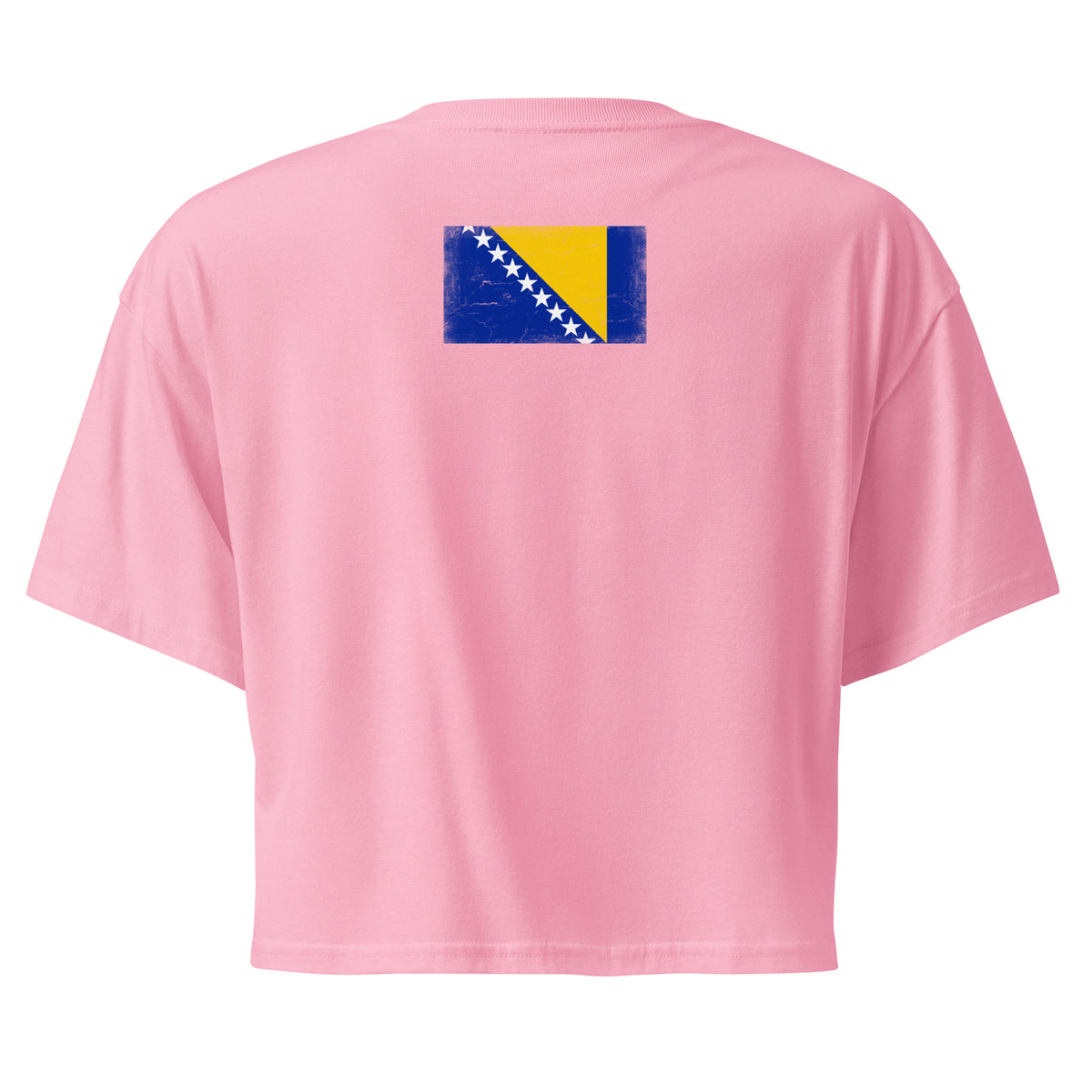 Bosnia and Herzegovina flag crop top in Bubblegum, vintage-washed print, flag across the upper back, women cut, back view