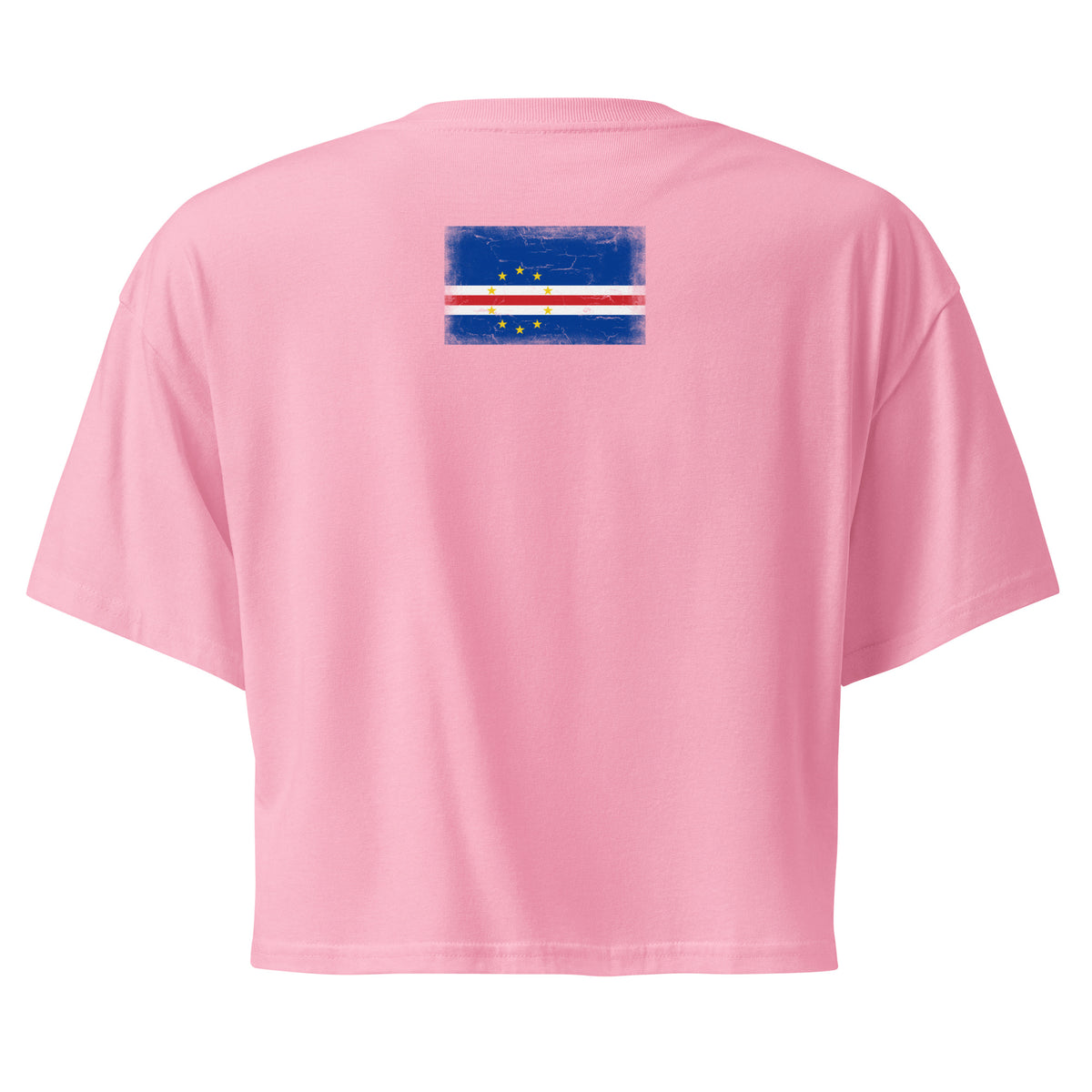 Cape Verde flag crop top in Bubblegum, vintage-washed print, flag across the upper back, women cut, back view