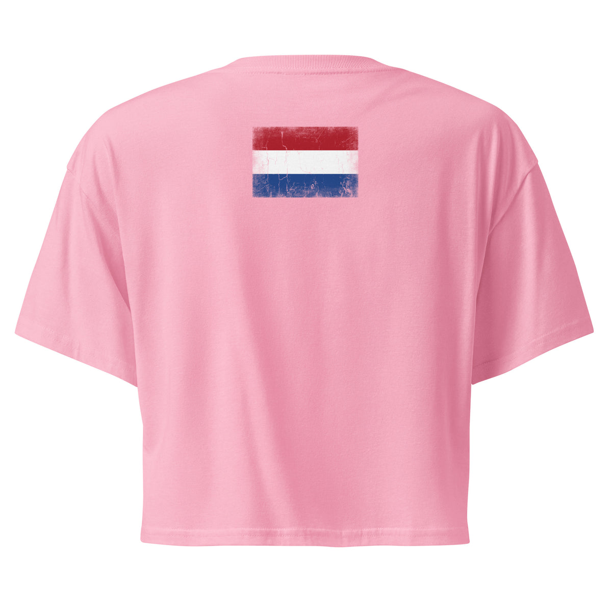 Netherlands flag crop top in Bubblegum, vintage-washed print, flag across the upper back, women cut, back view