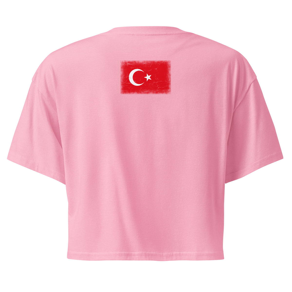 Turkey flag crop top in Bubblegum, vintage-washed print, flag across the upper back, women cut, back view