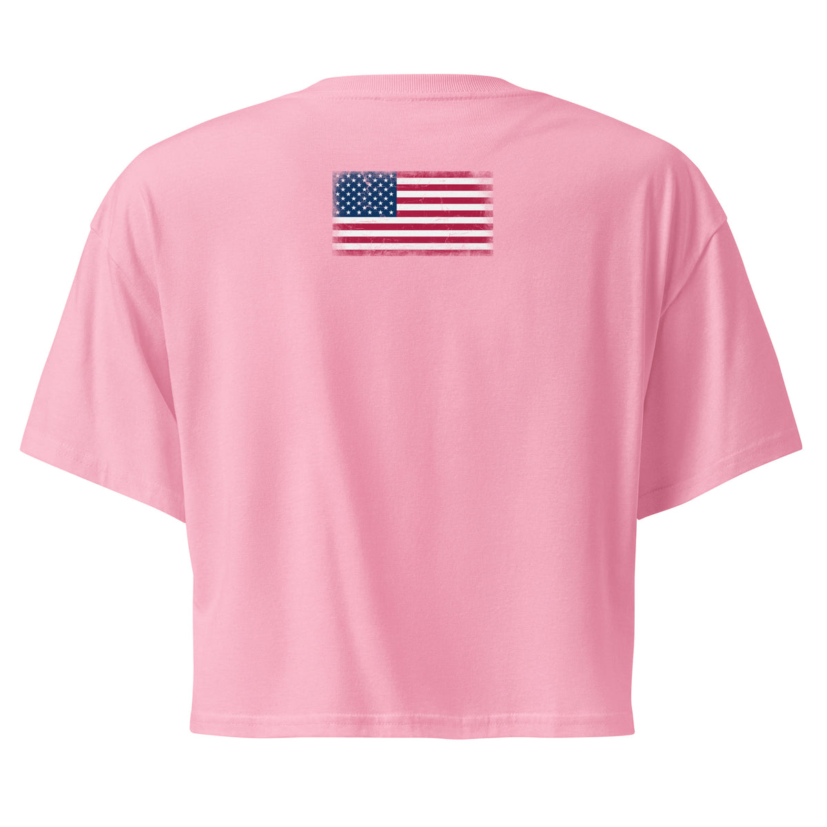USA flag crop top in Bubblegum, vintage-washed print, flag across the upper back, women cut, back view