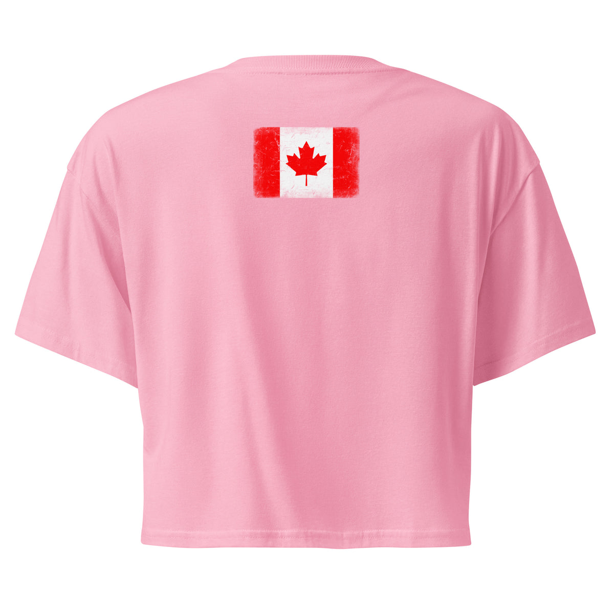 Canada flag crop top in Bubblegum, vintage-washed print, flag across the upper back, women cut, back view