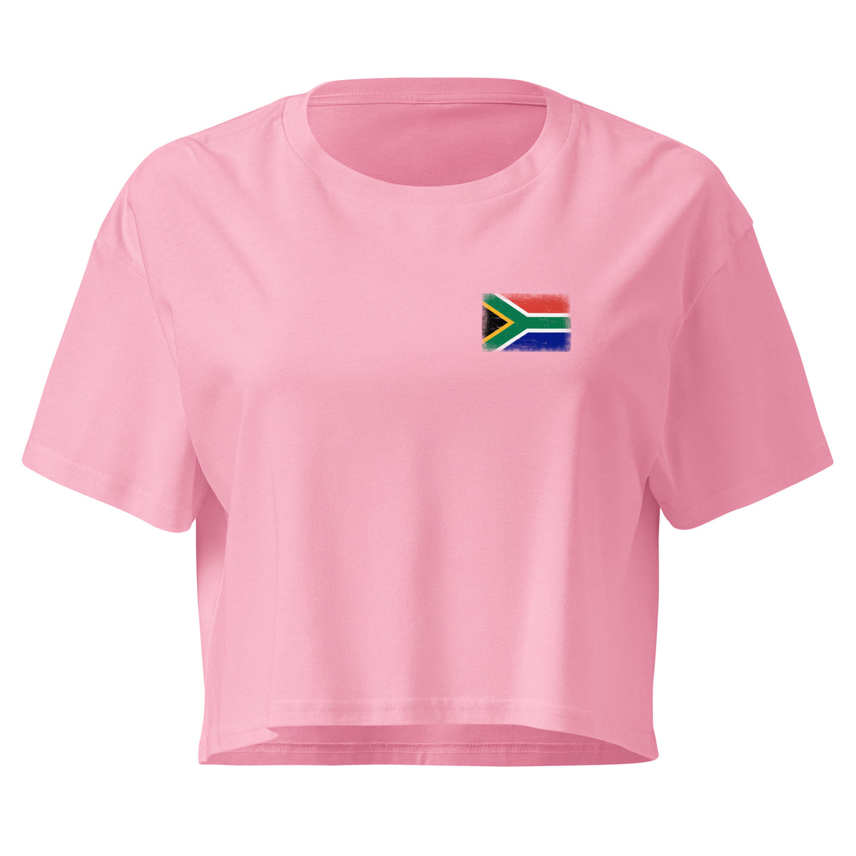South Africa flag crop top in Bubblegum, vintage-washed print, small flag on the left chest, women cut, front view