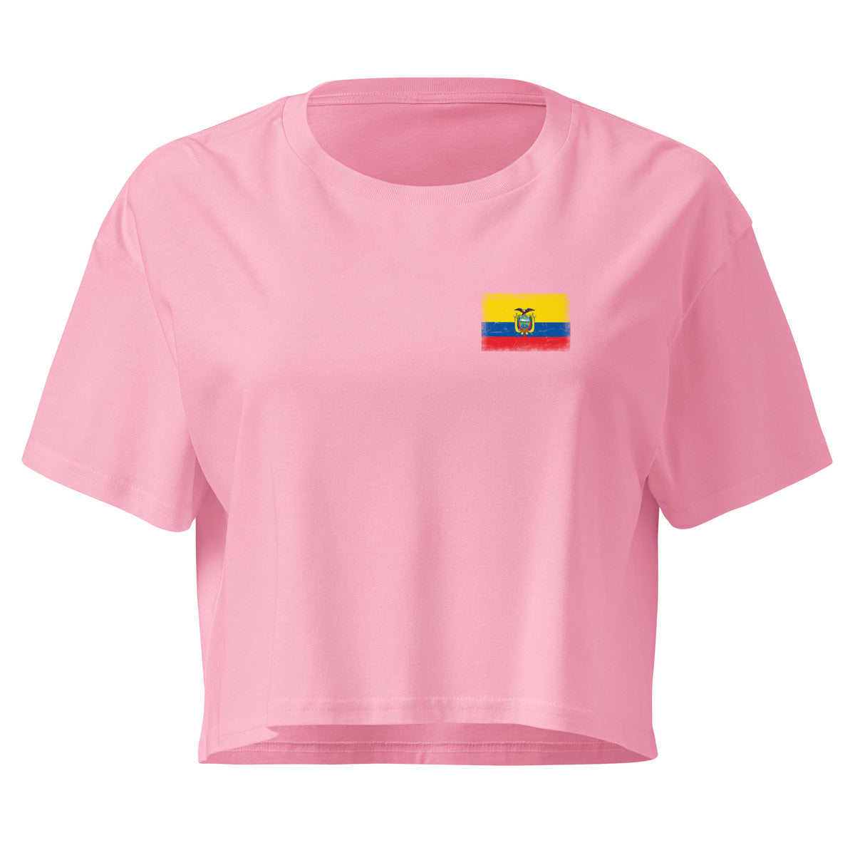 Ecuador flag crop top in Bubblegum, vintage-washed print, small flag on the left chest, women cut, front view