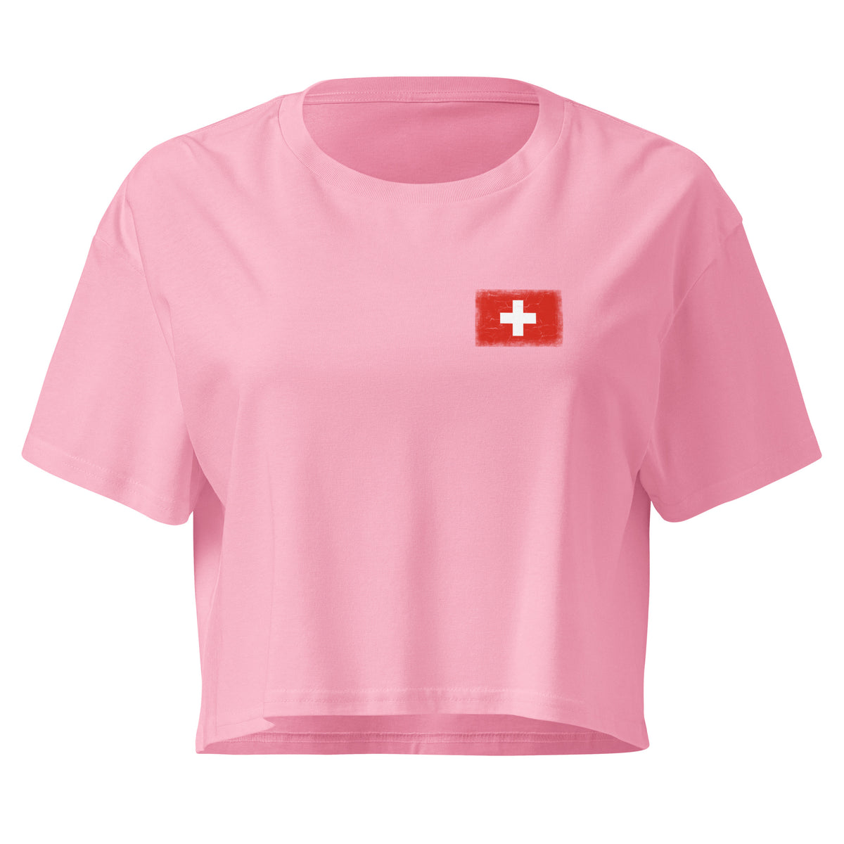 Switzerland flag crop top in Bubblegum, vintage-washed print, small flag on the left chest, women cut, front view