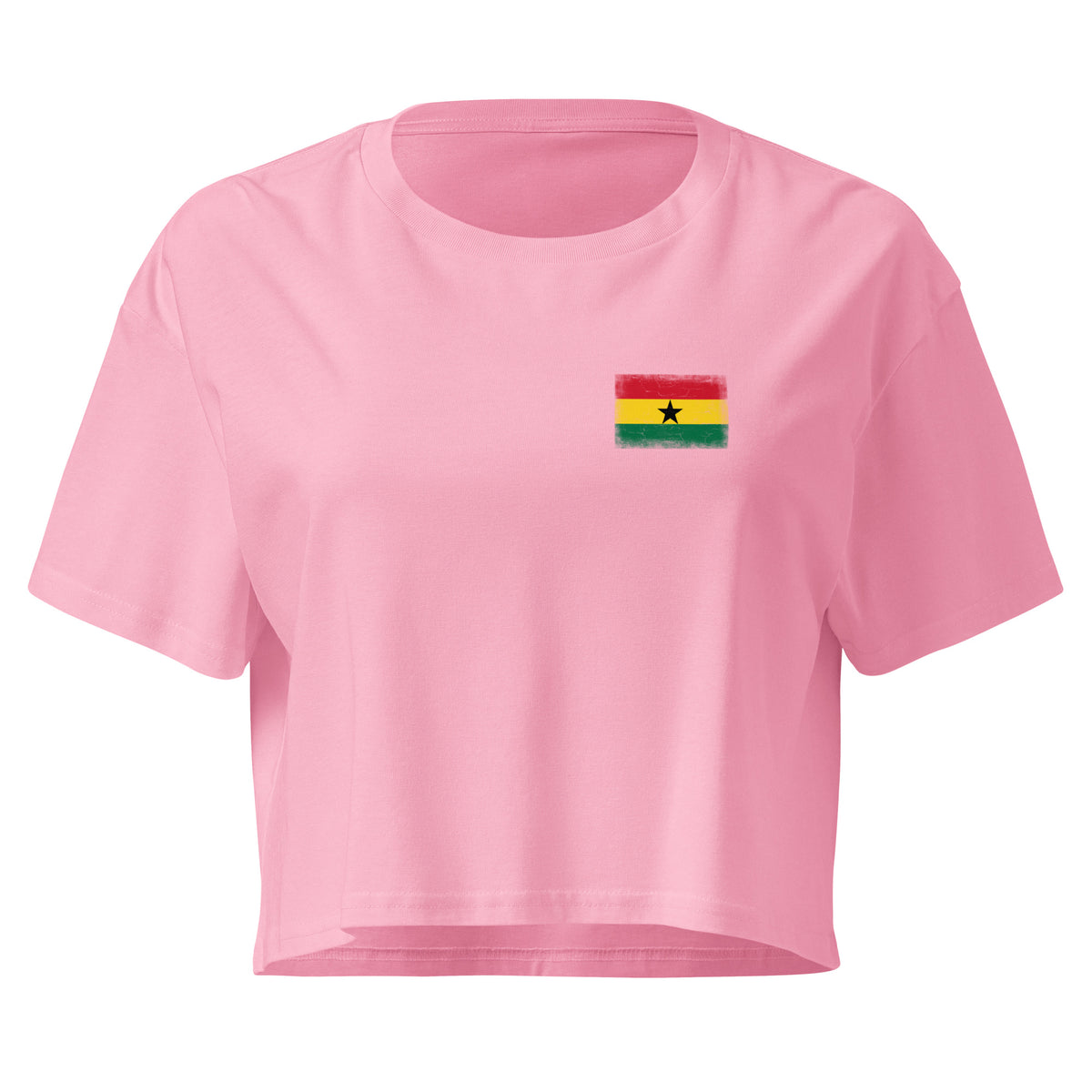 Ghana flag crop top in Bubblegum, vintage-washed print, small flag on the left chest, women cut, front view