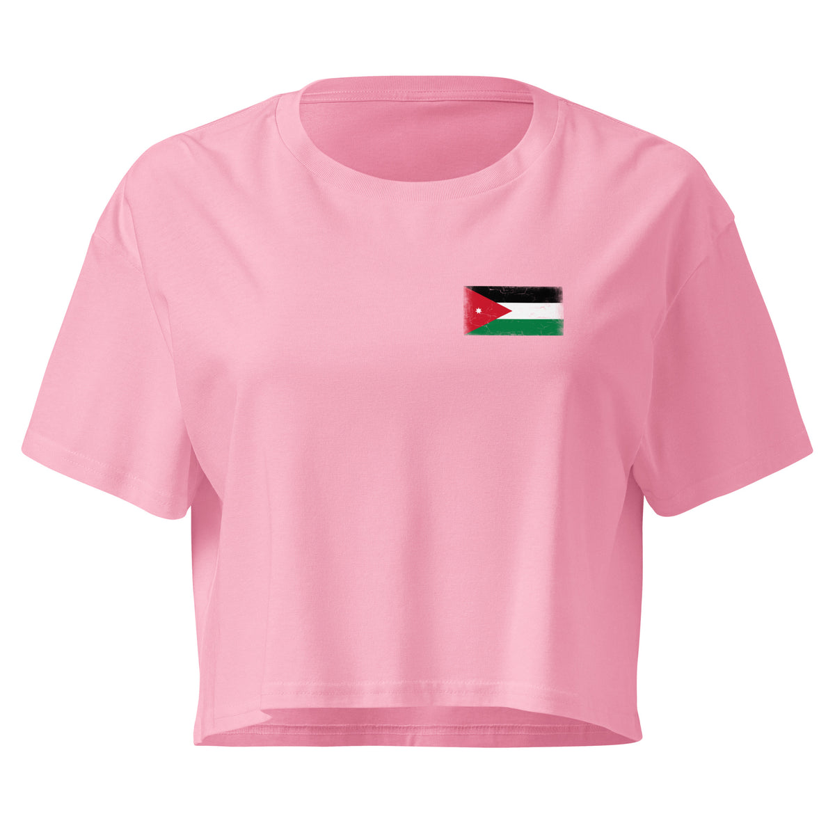 Jordan flag crop top in Bubblegum, vintage-washed print, small flag on the left chest, women cut, front view