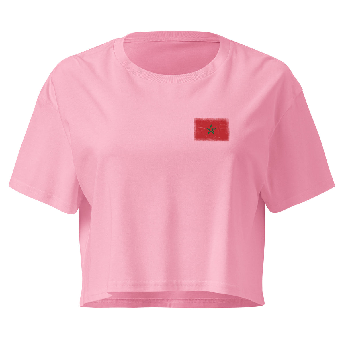 Morocco flag crop top in Bubblegum, vintage-washed print, small flag on the left chest, women cut, front view