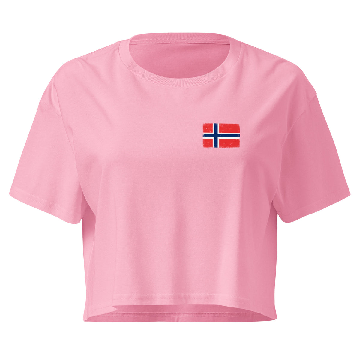 Norway flag crop top in Bubblegum, vintage-washed print, small flag on the left chest, women cut, front view