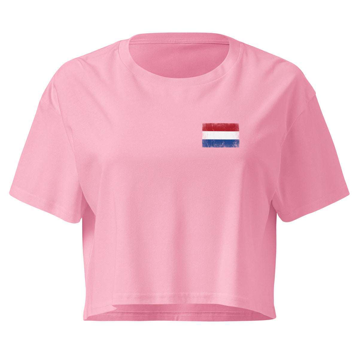 Netherlands flag crop top in Bubblegum, vintage-washed print, small flag on the left chest, women cut, front view