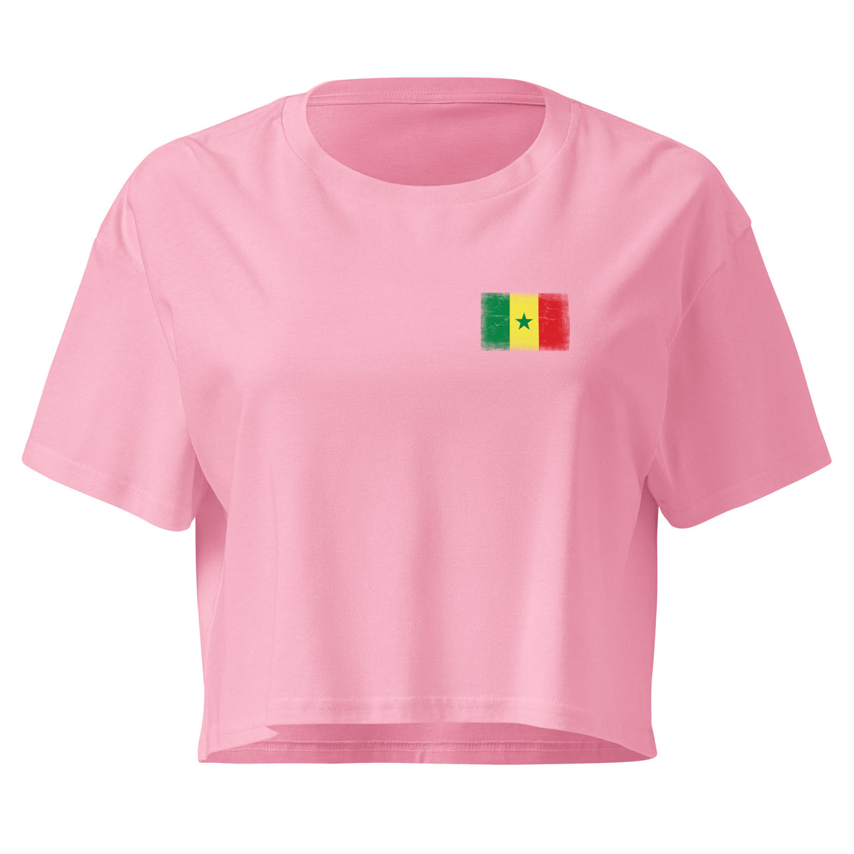 Senegal flag crop top in Bubblegum, vintage-washed print, small flag on the left chest, women cut, front view