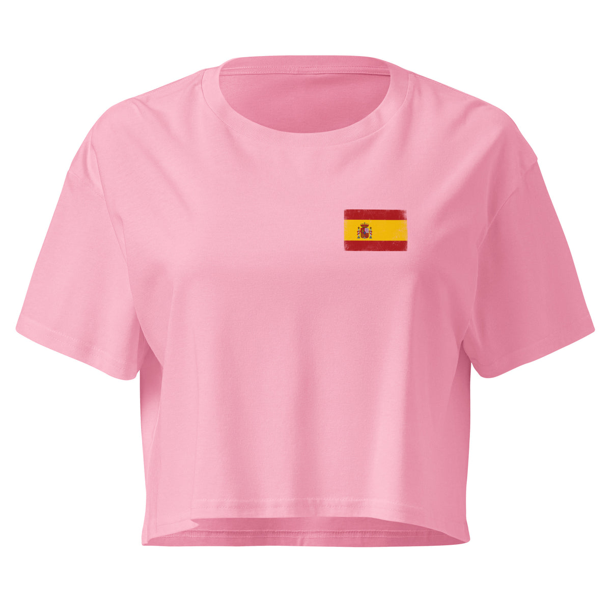 Spain flag crop top in Bubblegum, vintage-washed print, small flag on the left chest, women cut, front view