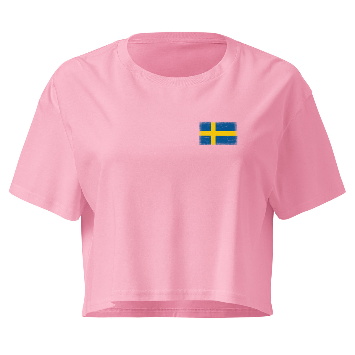 Sweden flag crop top in Bubblegum, vintage-washed print, small flag on the left chest, women cut, front view