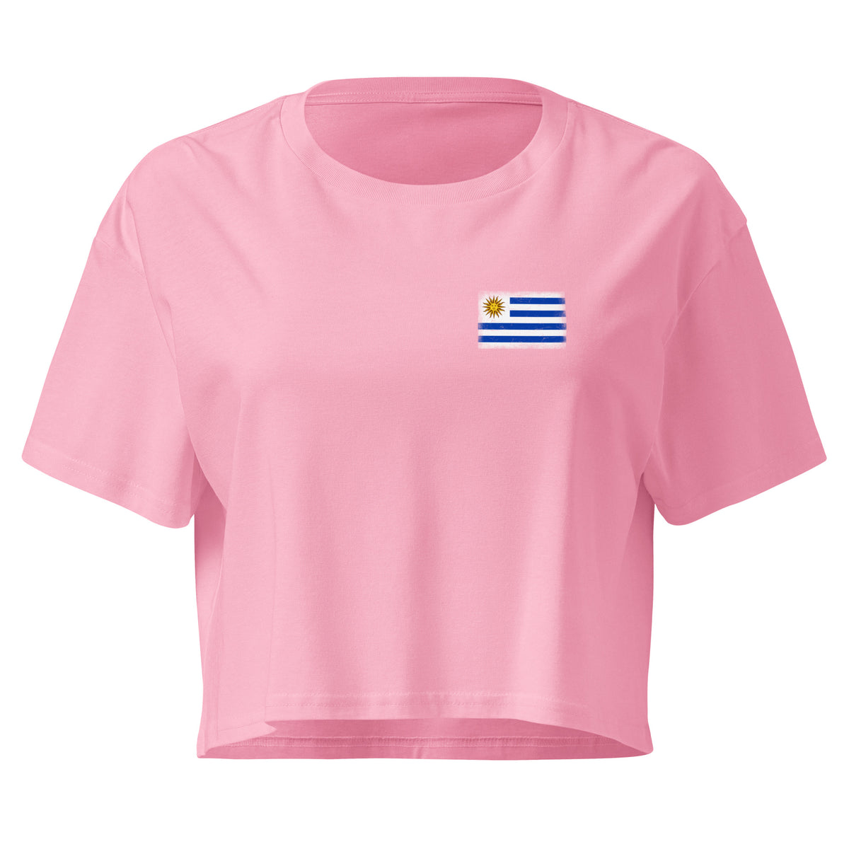 Uruguay flag crop top in Bubblegum, vintage-washed print, small flag on the left chest, women cut, front view