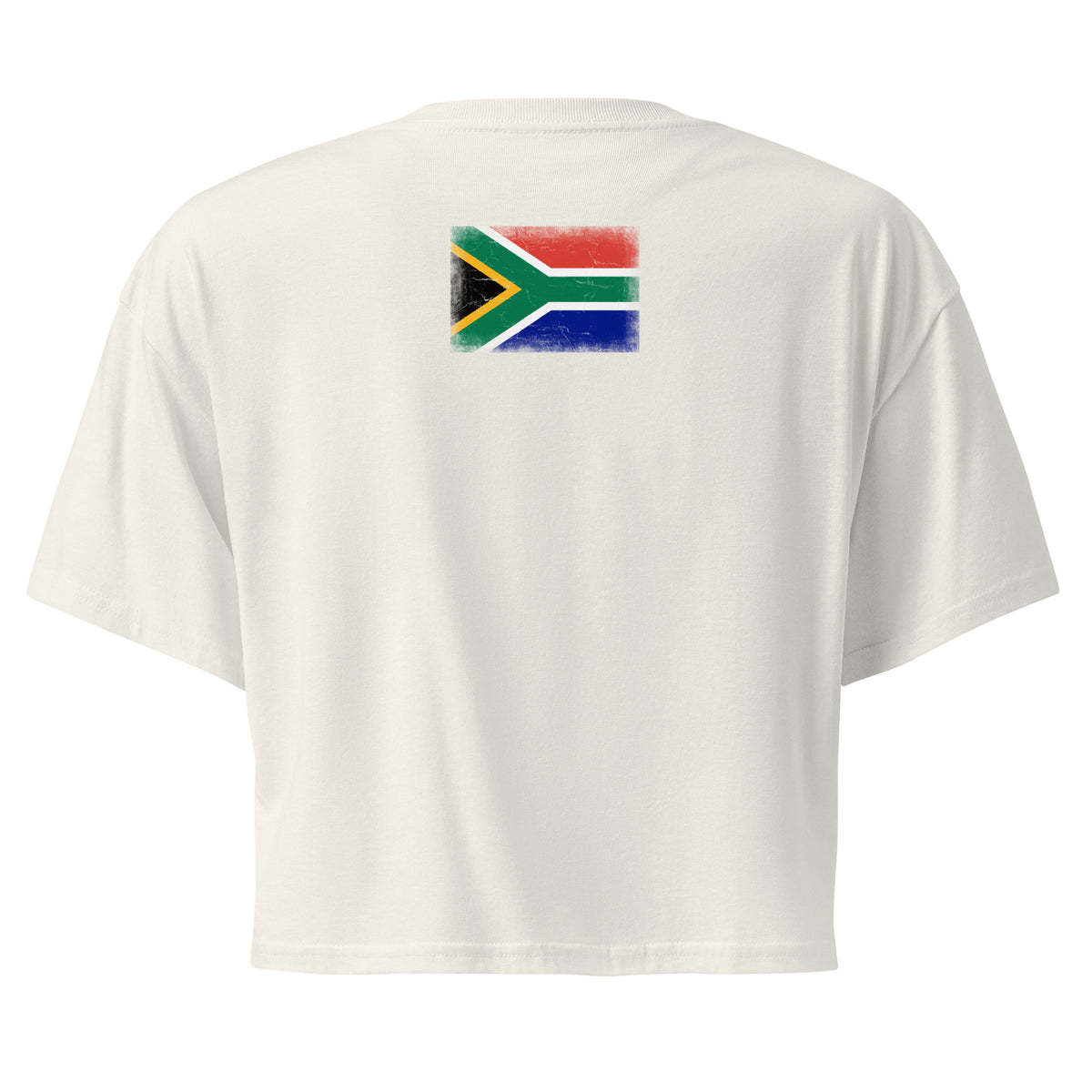 South Africa flag crop top in Ecru, vintage-washed print, flag across the upper back, women cut, back view