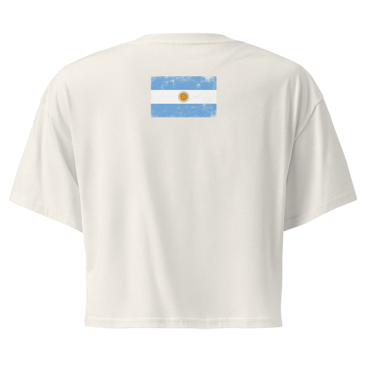 Argentina flag crop top in Ecru, vintage-washed print, flag across the upper back, women cut, back view