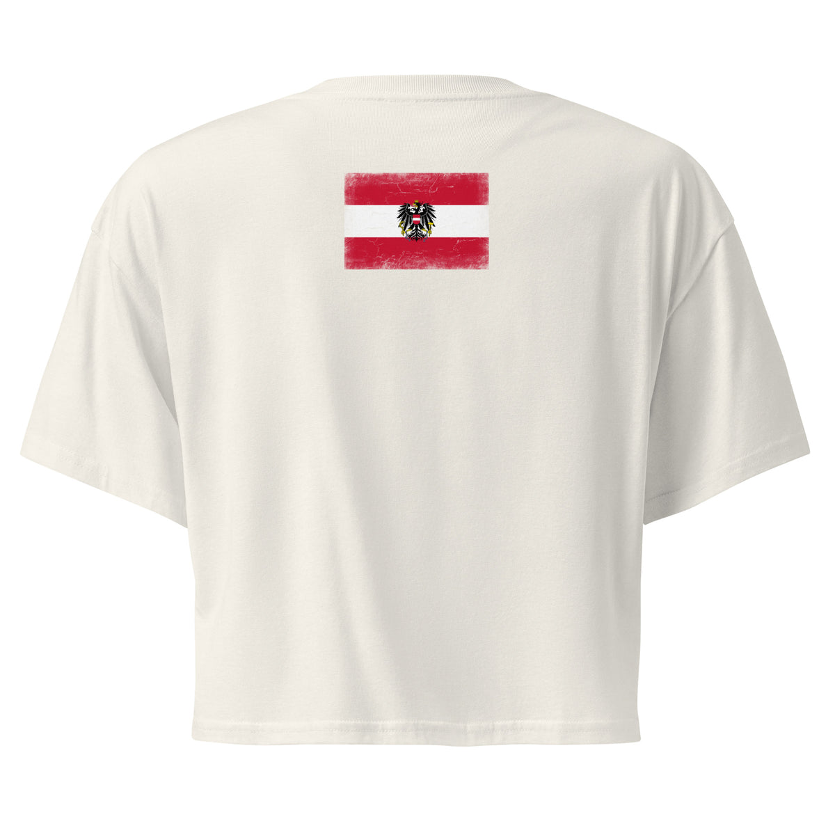 Austria flag crop top in Ecru, vintage-washed print, flag across the upper back, women cut, back view
