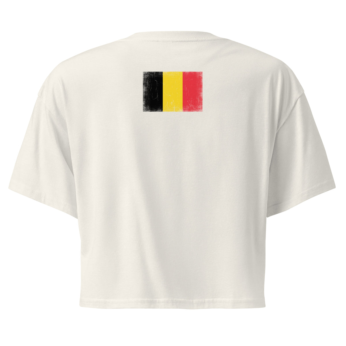 Belgium flag crop top in Ecru, vintage-washed print, flag across the upper back, women cut, back view