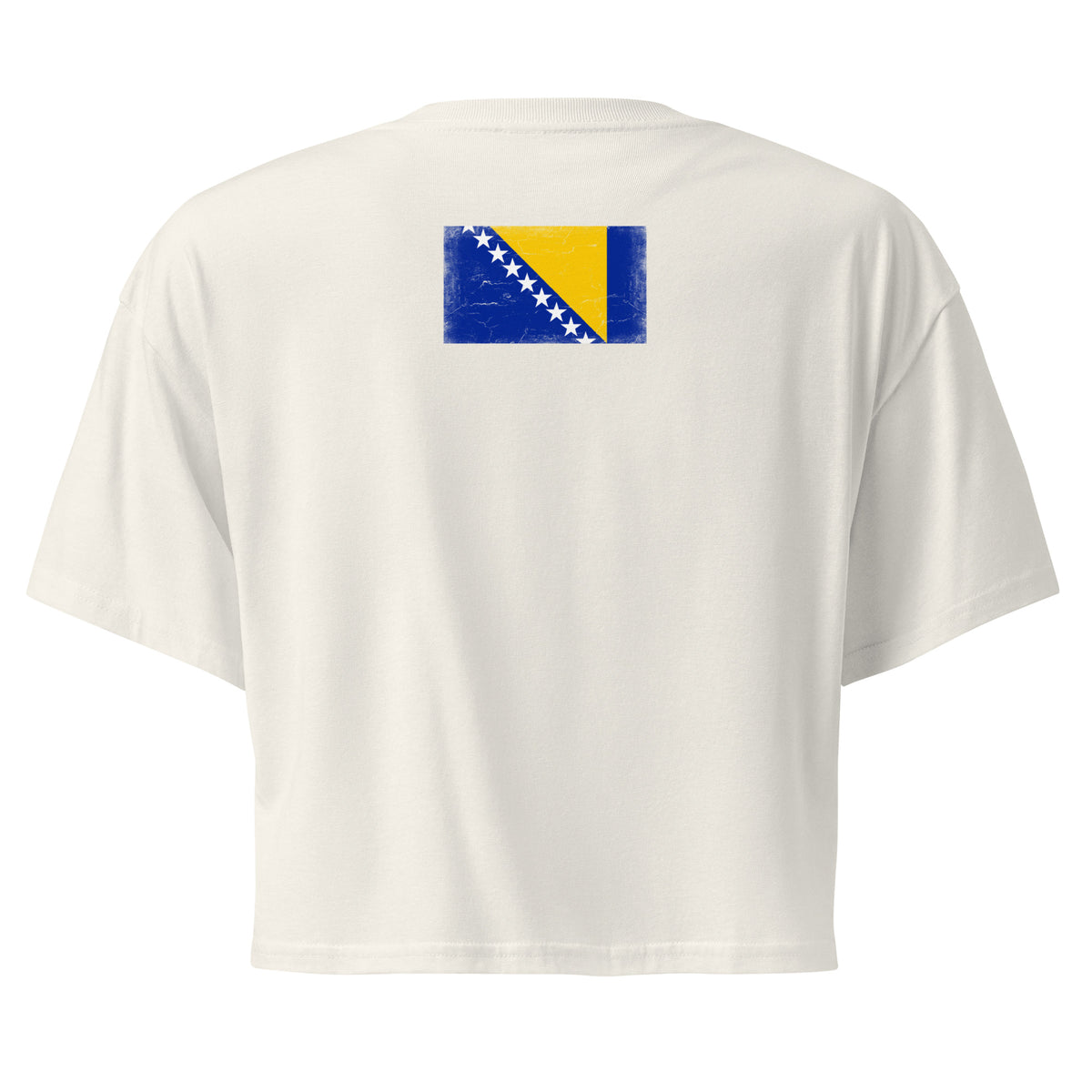 Bosnia and Herzegovina flag crop top in Ecru, vintage-washed print, flag across the upper back, women cut, back view