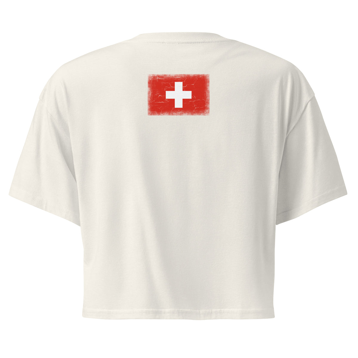 Switzerland flag crop top in Ecru, vintage-washed print, flag across the upper back, women cut, back view