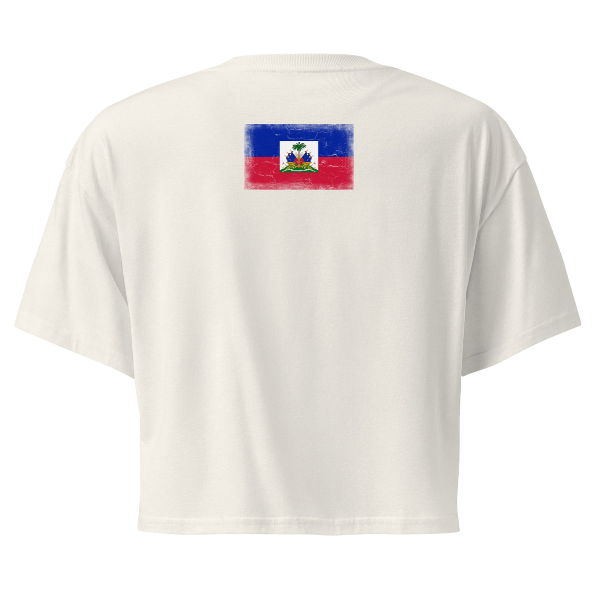 Haiti flag crop top in Ecru, vintage-washed print, flag across the upper back, women cut, back view