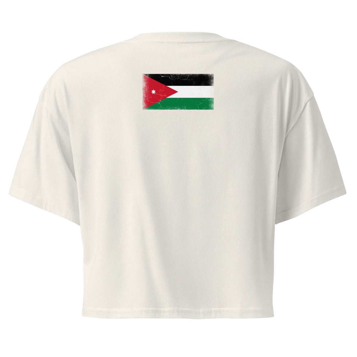 Jordan flag crop top in Ecru, vintage-washed print, flag across the upper back, women cut, back view