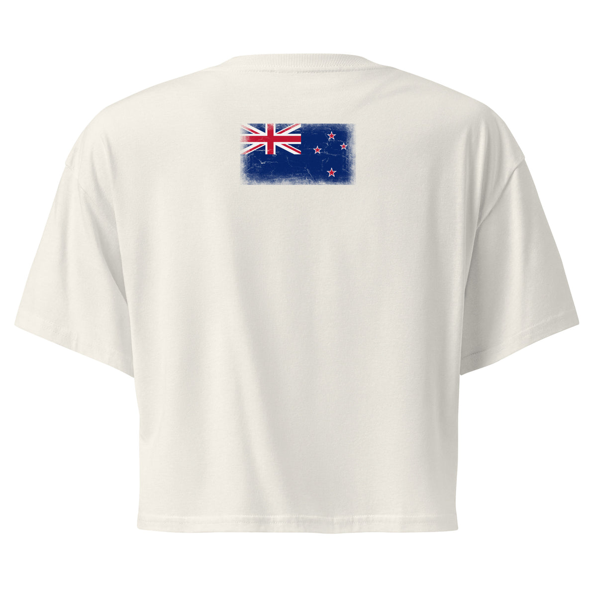 New Zealand flag crop top in Ecru, vintage-washed print, flag across the upper back, women cut, back view