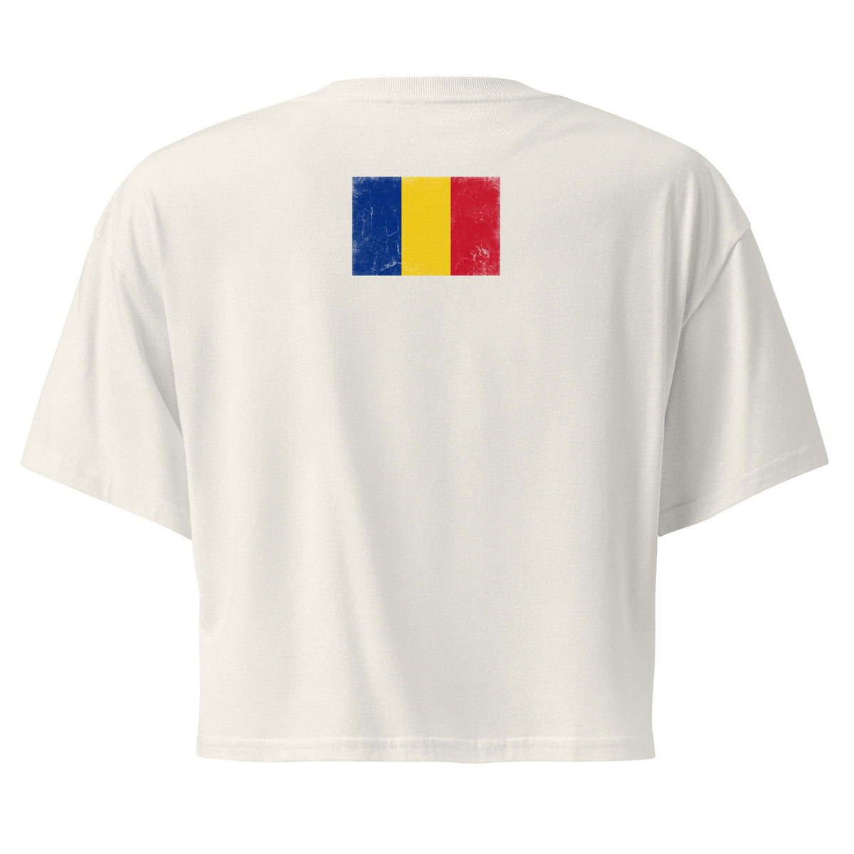 Romania flag crop top in Ecru, vintage-washed print, flag across the upper back, women cut, back view